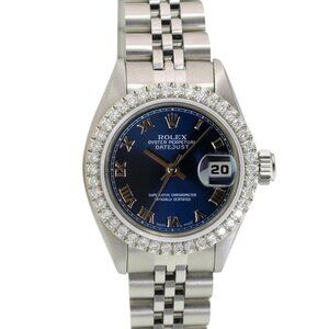ROLEX DATEJUST BLUE ROMAN DIAL DIAMOND OYSTER STAINLESS STEEL WATCH 26 MM 69174